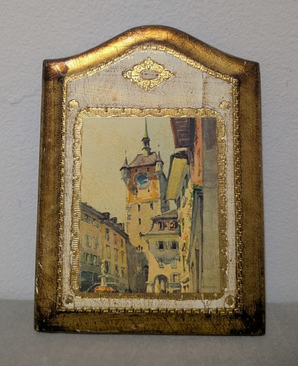 Vintage Italian Florentine Wood Plaque Bern Clock Tower Art Gold Gesso Small 6"